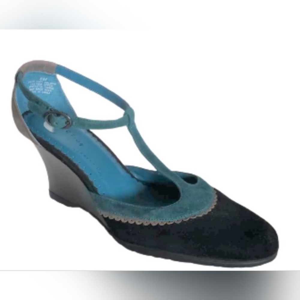 Kenneth Cole black, gray, teal Pete Tart wedge heel t-strap shoes